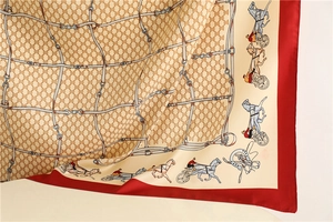 Detail of luxury twill silk scarf showing vintage horse carriage pattern and belt grid