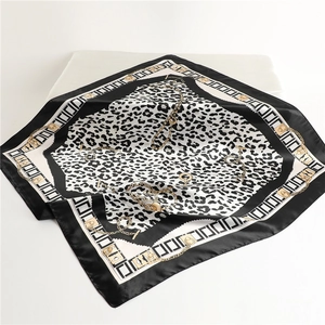 Leopard print silk satin square scarf with gold chain patterns and black border