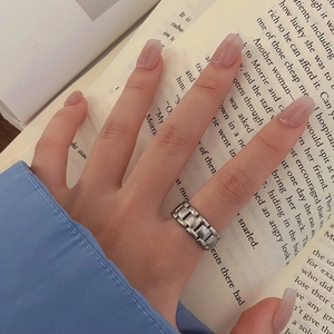Minimalist silver watch-band style chain ring with industrial link design for women