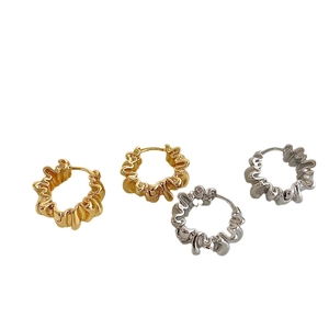 French vintage matte gold and silver irregular pleated hoop earrings for elegant women