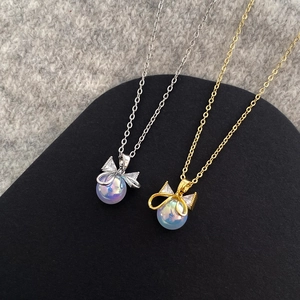 Dainty Bowknot Pendant Necklace Copper Gold Silver Plated Zircon Mermaid Iridescent Faux Artificial Pearl Jewelry For Women