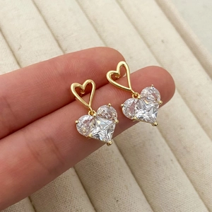 Heart Shape Dangle Earrings Copper Gold Plated Cubic Zirconia Romantic Sweet Style Dainty Jewelry Women
