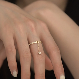 Star Pendant Adjustable Ring Gold Plated Copper Pave Zircon Chain Detail Elegant Minimalist Jewelry For Women Trendy