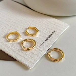 Geometric Huggie Hoop Earrings Copper Gold Plated Micro Pave Zircon Round Hexagon Minimalist Jewelry For Women