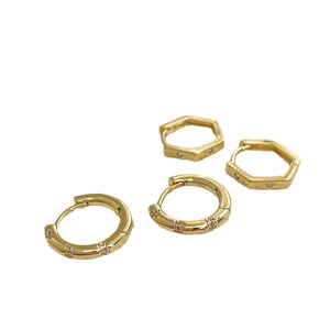 Geometric micro-set zircon huggie earrings in circular and hexagonal gold-plated designs