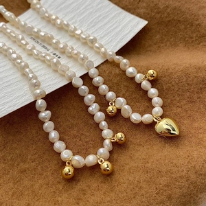 Collier De Perles D'eau Douce Baroques Cœur Boule D'or Pendentif En Cuivre Plaqué Or Pour Femme