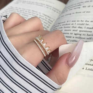 Crown Zircon Shell Artificial Pearl Open Ring Gold Plated Copper Adjustable Double Layer Design Elegant Jewelry For Women