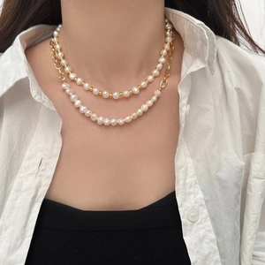 French Vintage Baroque Natural Freshwater Pearl Necklace With Gold Metal Paperclip Chain Splicing Design For Women Retro Style