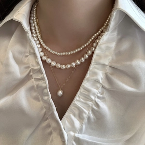 Collier Multi-Rangs Perles D'eau Douce Vintage Perle Baroque Française Cuivre Plaqué Or Pendentif Pour Femmes Bijoux Élégants