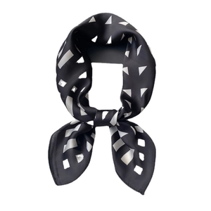 Elegant 70cm black silk square scarf featuring modern white geometric patterns
