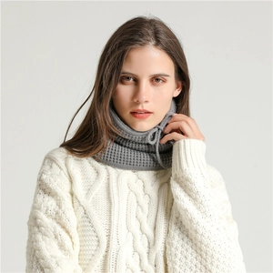 Grey ribbed knit neck warmer with adjustable drawstring for winter outdoor warmth