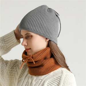 Winter knitted beanie and caramel neck warmer set with drawstring and waffle pattern