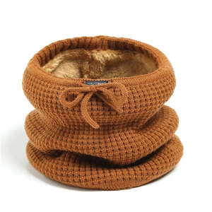 Caramel knit neck warmer with plush lining and drawstring, stylish winter fleece scarf