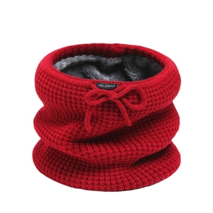 Red winter knitted neck warmer with plush lining and drawstring, stylish thermal scarf