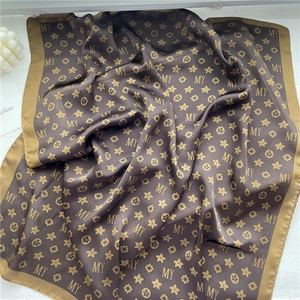 Elegant brown and gold monogram satin square scarf with vintage flower patterns