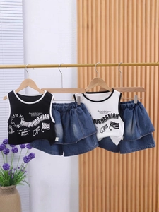 Tenue Été Fille Débardeur Imprimé Graphique Et Jupe-Culotte En Denim À Volants Style Urbain Tendance