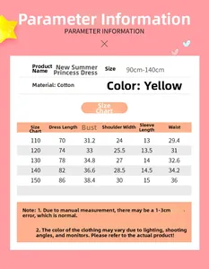Size chart for girls floral princess tutu skirt with measurements from 90cm to 150cm