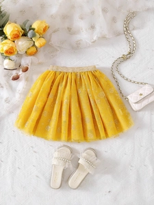 Girls Yellow Tulle Skirt Gold Glitter Rose Star Print Puffy Princess Mesh Tutu Elastic Waist Summer Kids
