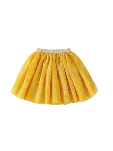 Girls yellow layered tulle skirt with gold rose patterns and elastic glitter waistband