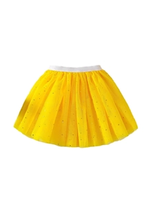 Girls bright yellow tiered tutu skirt with gold star sequins and white elastic waistband
