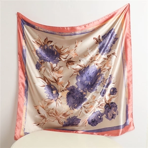 Elegant floral silk satin scarf for women with purple flowers and pink borders