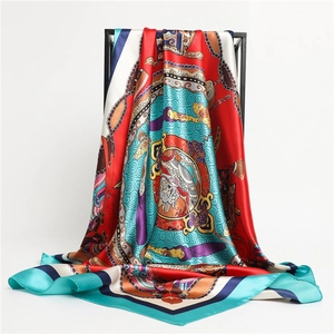 90cm vintage square silk scarf with oriental prints and red-blue contrast hanging