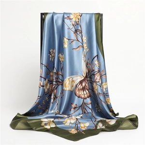 Elegant misty blue butterfly silk scarf with yellow floral patterns and green borders