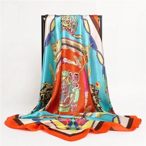 Classic 90cm turquoise silk scarf with vintage chain and mythological animal prints