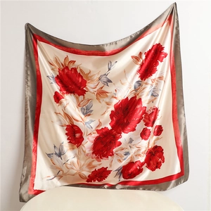 Elegant floral square satin silk scarf with red blossoms and contrasting gray border