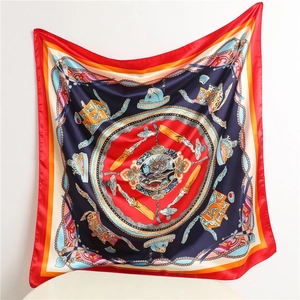 Detail of blue and red silk scarf featuring traditional Chinese dragon and crown patterns