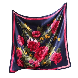 Elegant floral silk satin square scarf with pink flowers on navy blue background