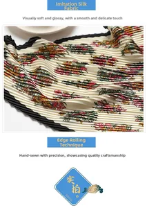 Detail of simulated silk scarf showing retro floral print and hand-stitched edges