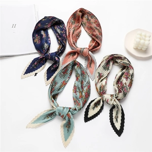 Elegant Floral Print Pleated Square Scarf Lightweight Imitation Satin Neckerchief Versatile Fashion Neck Accessory For Women