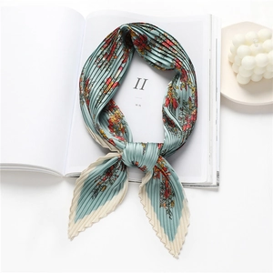 Elegant pleated square silk scarf with floral print on light cyan fabric for women