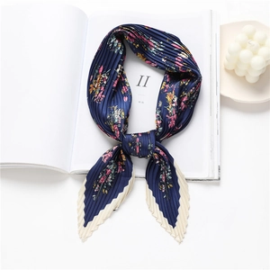 Elegant floral pleated 70cm square silk scarf with navy blue pattern on white background