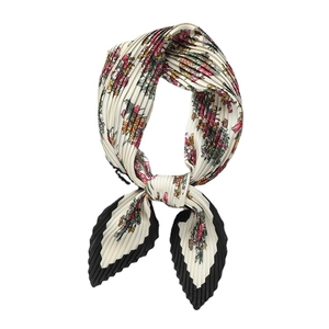 Elegant pleated floral square silk scarf in cream with pastel floral print and black edge
