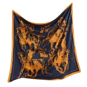 Classic navy silk square scarf with orange horse print and vintage artistic style