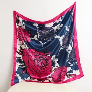 Elegant silk scarf with artistic rose floral print in pink navy and white design