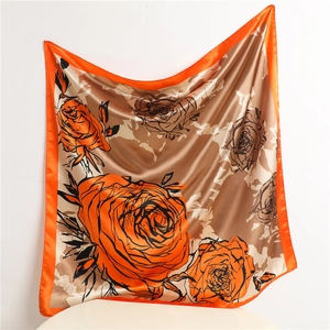 Elegant silk scarf with orange rose print and bronze background, large square shawl