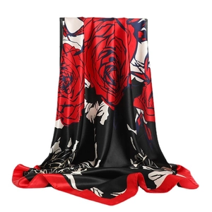Elegant red rose floral silk square scarf with vibrant satin finish and red borders