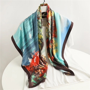 Women Square Scarf Polyester Satin Satin Feeling Oil Painting Landscape Print Fashion Headscarf Neck Shawl Wraps