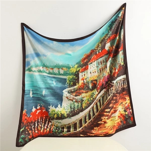 Silk-textured square scarf with coastal town oil painting print and brown border edge