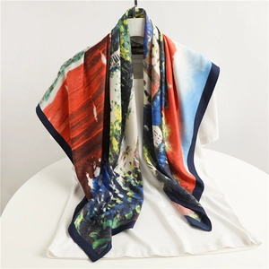 Ethnic style abstract oil painting silk scarf with navy blue border for women 90cm