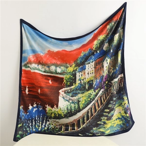 Ethnic style 90cm square scarf with oil painting landscape and satin finish