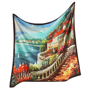 Ethnic oil painting silk scarf with Mediterranean coastal town print 90cm square wrap