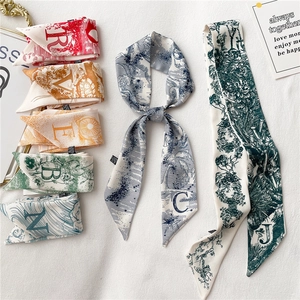 Foulards étroits en soie à lettres et fleurs pour cheveux et décoration de sacs