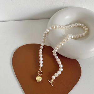 Freshwater pearl necklace with gold heart pendant and OT buckle closure for women