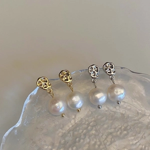 Irregular Hammered Copper Drop Earrings With Freshwater Pearl Gold Silver Plated Vintage Niche Jewelry For Women