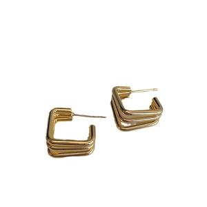 Minimalist geometric triple-layered gold square stud earrings for women with a modern finish