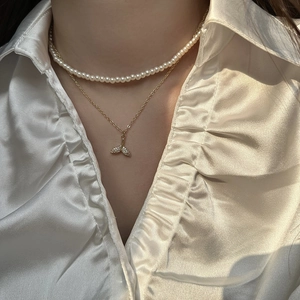 Double Layered Necklace With Imitation Artificial Pearl And Gold Plated Copper Zircon Flower Fishtail Star Pendants Sweet For Women